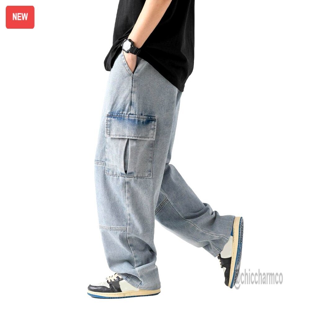 Loose Fit Cargo Denim Joggers Pants with Elastic Waist, Streetwear Style